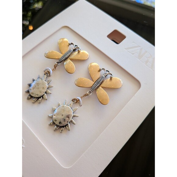 ZARA Earrings Butterfly Sun Contrast Gold Silver Tone Drop Whimsy Statement NEW - Picture 1 of 7